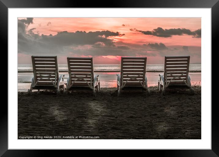 The backside of four chairs close to the beach in the tropical s Framed Mounted Print by Stig Alenäs