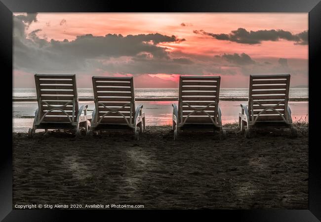 The backside of four chairs close to the beach in the tropical s Framed Print by Stig Alenäs