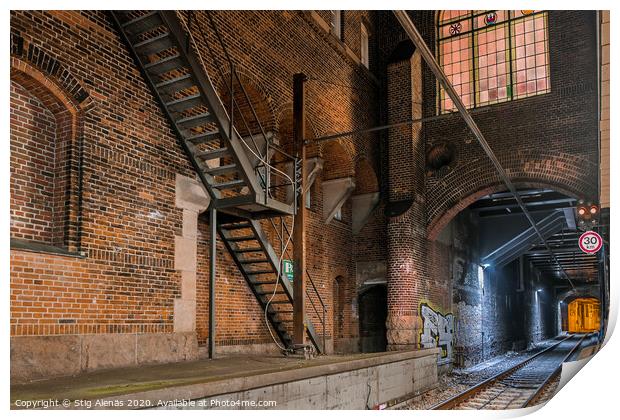 Train tunnel inside the cental station in Copenhagen Print by Stig Alenäs