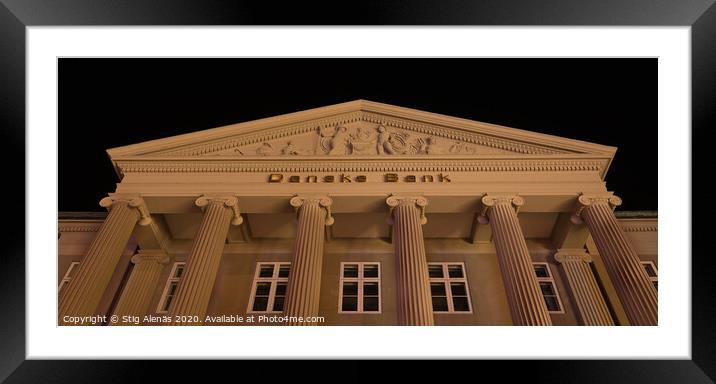 The pediment of the danish bank in Copenhagen at night Framed Mounted Print by Stig Alenäs