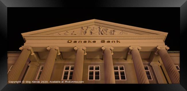 The pediment of the danish bank in Copenhagen at night Framed Print by Stig Alenäs