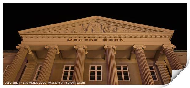 The pediment of the danish bank in Copenhagen at night Print by Stig Alenäs