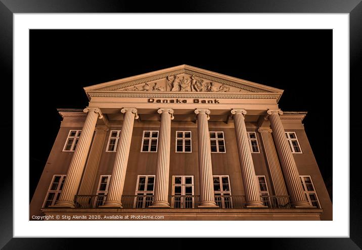 The main building of the danish bank in Copenhagen at night Framed Mounted Print by Stig Alenäs