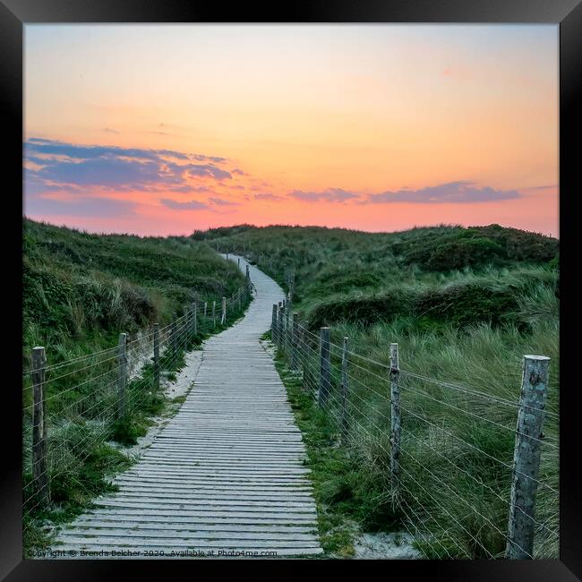 Pathway to sunset at Gwithian Beach Framed Print by Brenda Belcher