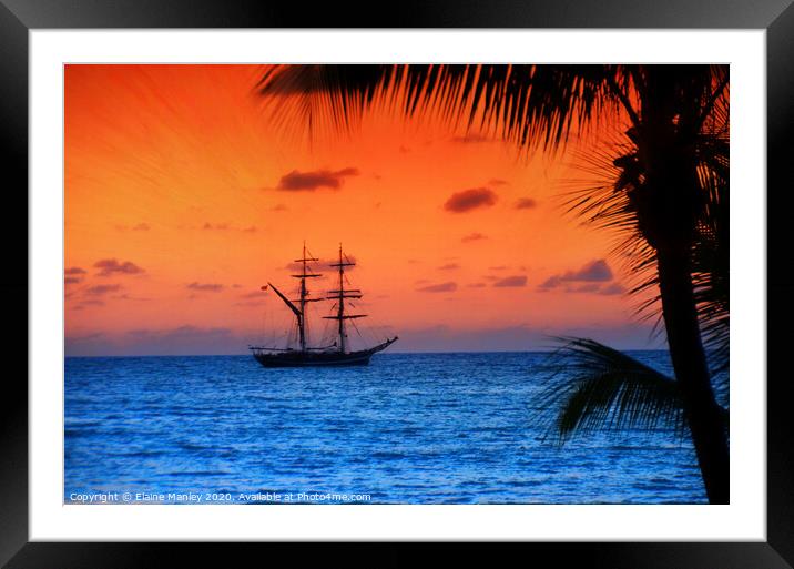 Tall Ship Sailing at Sunset Framed Mounted Print by Elaine Manley