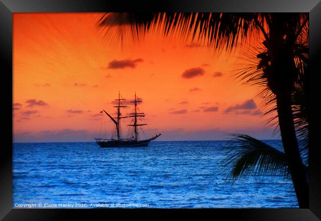 Tall Ship Sailing at Sunset Framed Print by Elaine Manley