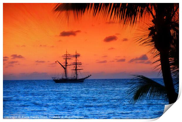 Tall Ship Sailing at Sunset Print by Elaine Manley