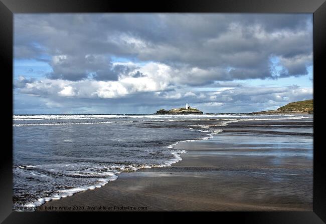 Godrevy beach, Godrevy  lighthouse, Cornwall ,  Framed Print by kathy white