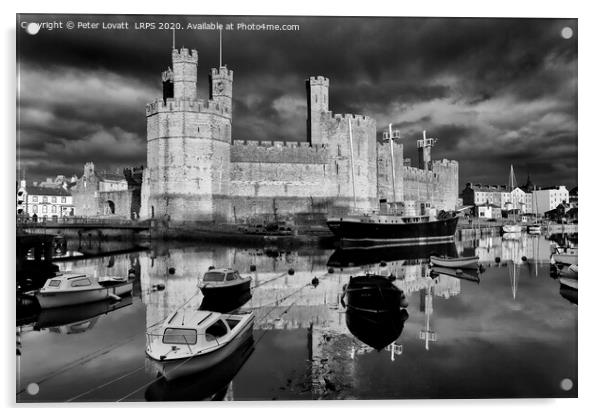 Caernarfon Castle and Harbour in Monochrome Acrylic by Peter Lovatt  LRPS
