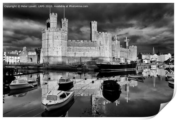 Caernarfon Castle and Harbour in Monochrome Print by Peter Lovatt  LRPS