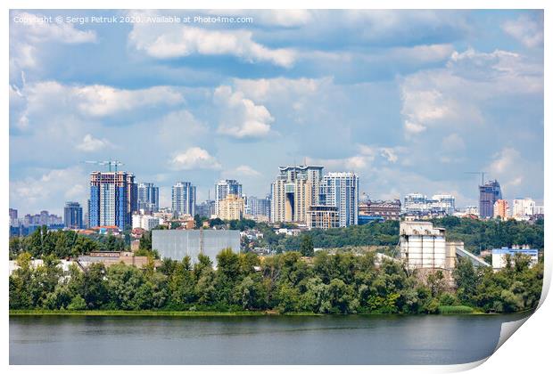 The beautiful cityscape of Kyiv with the Dnipro River, an industrial complex on the bank and new high-rise buildings on the horizon. Print by Sergii Petruk