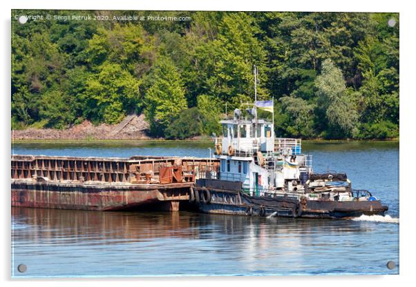 An old river tug pushes an empty barge ahead of itself along the river bank. Acrylic by Sergii Petruk