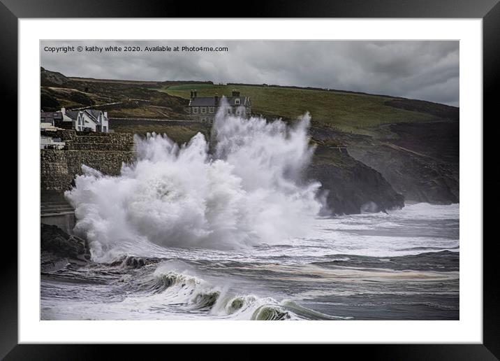 Porthleven Cornwall Storm waves ,Porthleven rough  Framed Mounted Print by kathy white