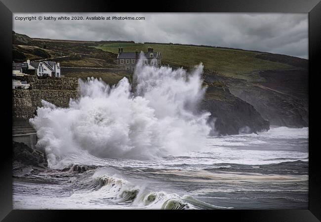 Porthleven Cornwall Storm waves ,Porthleven rough  Framed Print by kathy white