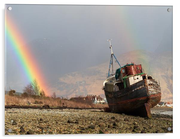 Corpach wreck with rainbow.  Acrylic by Tommy Dickson