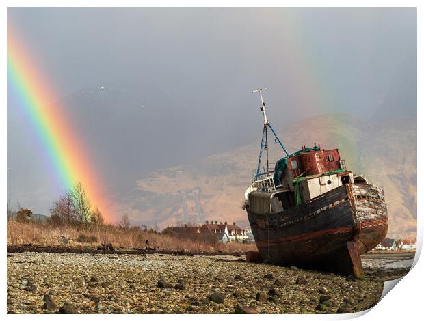 Corpach wreck with rainbow.  Print by Tommy Dickson