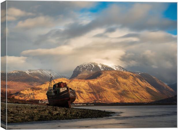 Corpach Wreck and Ben Nevis, Scotland.  Canvas Print by Tommy Dickson