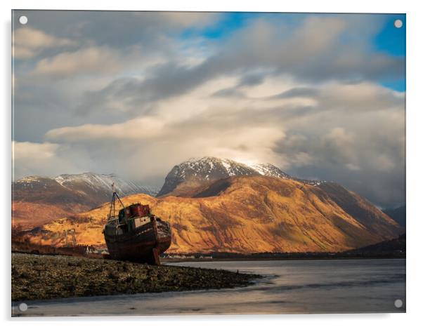 Corpach Wreck and Ben Nevis, Scotland.  Acrylic by Tommy Dickson