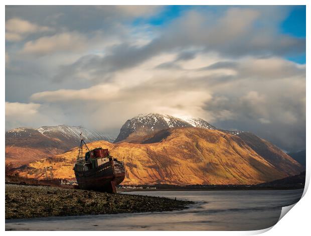 Corpach Wreck and Ben Nevis, Scotland.  Print by Tommy Dickson