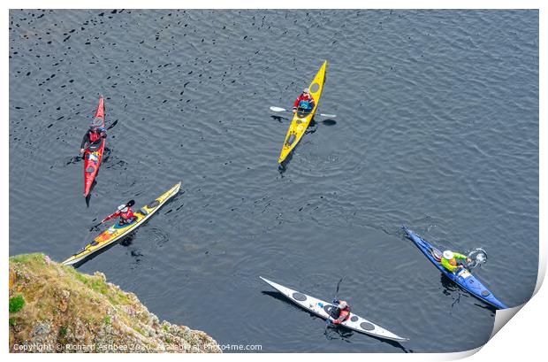 Colurful Kayaks below Westwick cliffs in Shetland Print by Richard Ashbee