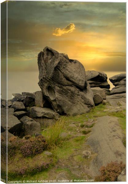 Sunset at a rocky outcrop in the Peak District Canvas Print by Richard Ashbee