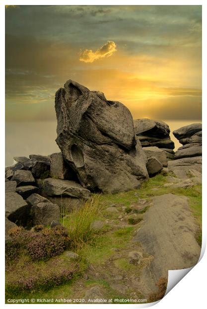 Sunset at a rocky outcrop in the Peak District Print by Richard Ashbee