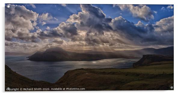 Crepuscular rays over Ben Tianavaig Acrylic by Richard Smith