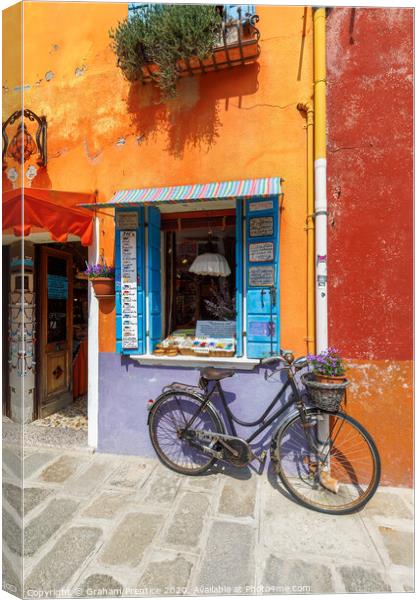 Burano Shop and Bicycle Canvas Print by Graham Prentice