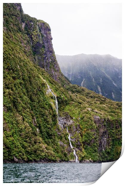 Soft Cascading Waterfall - Milford Sound Print by Laszlo Konya