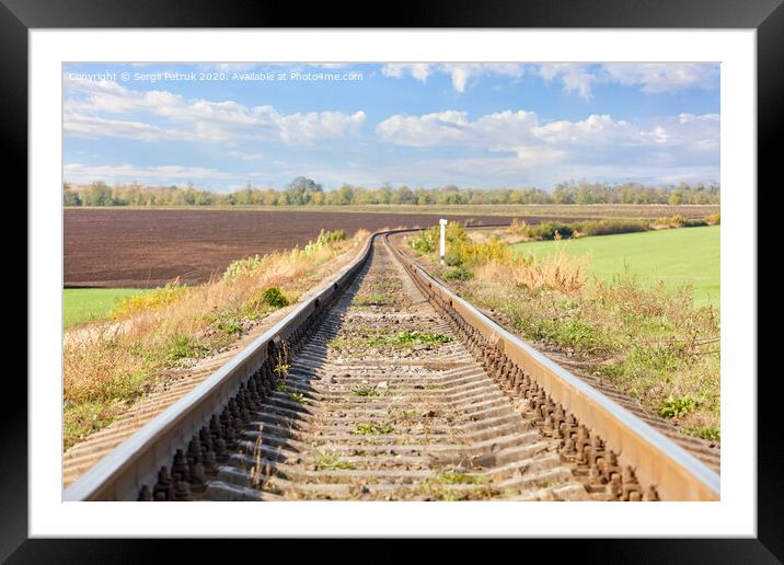 A single railroad track with a bend among the fields against the backdrop of a rural landscape. Framed Mounted Print by Sergii Petruk