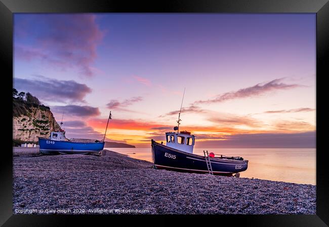 Dawn over fishing boats on Beer Beach Framed Print by Gary Holpin