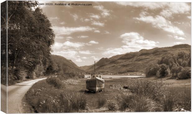 Boat near mountain road and lake in Scotland Canvas Print by Philip Brown