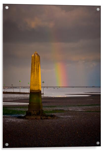 'The Crowstone' on the Thames Estuary foreshore at Chalkwell Beach, Southend on Sea, Essex, UK. Acrylic by Peter Bolton