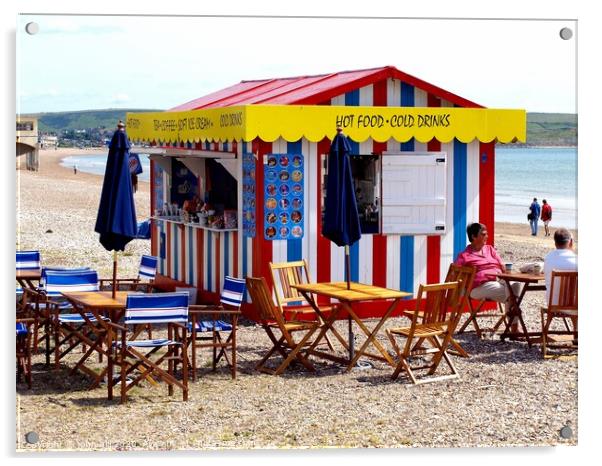 Food Kiosk on the beach at Weymouth in Dorset. Acrylic by john hill