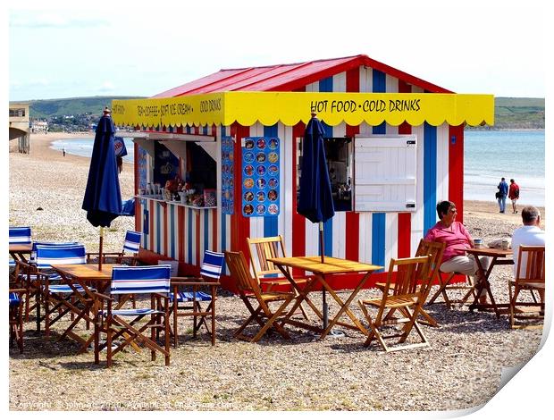 Food Kiosk on the beach at Weymouth in Dorset. Print by john hill