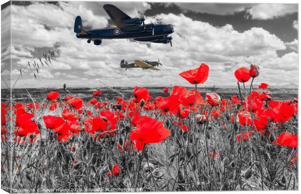 Lancaster bomber and spitfire flying over poppy fi Canvas Print by Kevin Hellon