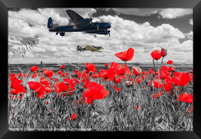 Lancaster bomber and spitfire flying over poppy fi Framed Print by Kevin Hellon