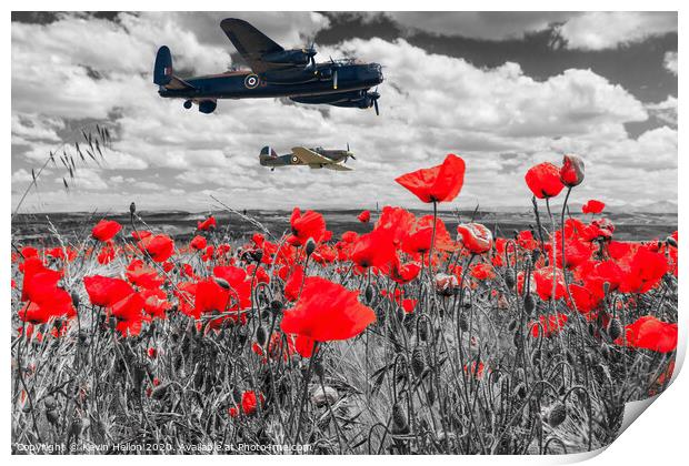 Lancaster bomber and spitfire flying over poppy fi Print by Kevin Hellon