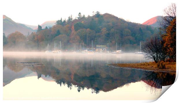 Yachts in the mist at Derwent Water in Cumbria. Print by john hill