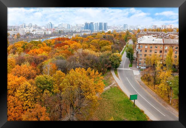 Bright orange foliage of the city park in the autumn landscape of the city, view from the top. Framed Print by Sergii Petruk