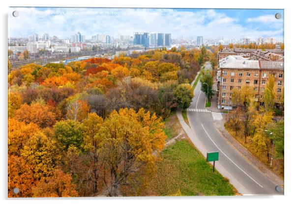 Bright orange foliage of the city park in the autumn landscape of the city, view from the top. Acrylic by Sergii Petruk