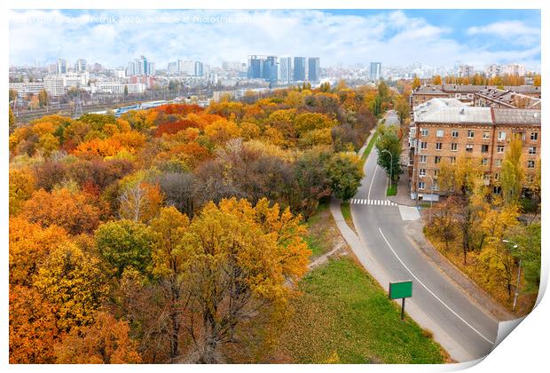 Bright orange foliage of the city park in the autumn landscape of the city, view from the top. Print by Sergii Petruk