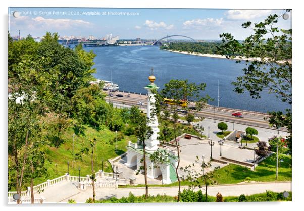 Beautiful landscape of summer Kyiv with a view of the Dnipro River and a monument to the Magdeburg Law. Acrylic by Sergii Petruk
