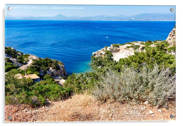 A hard, thorny shrub grows on the slope of the Gulf of Corinth against the backdrop of a blue lagoon on the coast. Acrylic by Sergii Petruk