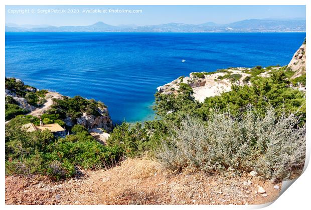 A hard, thorny shrub grows on the slope of the Gulf of Corinth against the backdrop of a blue lagoon on the coast. Print by Sergii Petruk