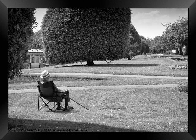 An old man sits and appreciates the view. Embankment Gardens, at Southend on Sea, Essex. Framed Print by Peter Bolton