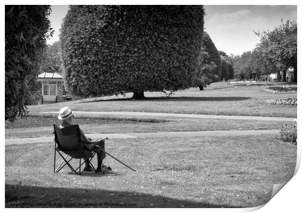 An old man sits and appreciates the view. Embankment Gardens, at Southend on Sea, Essex. Print by Peter Bolton