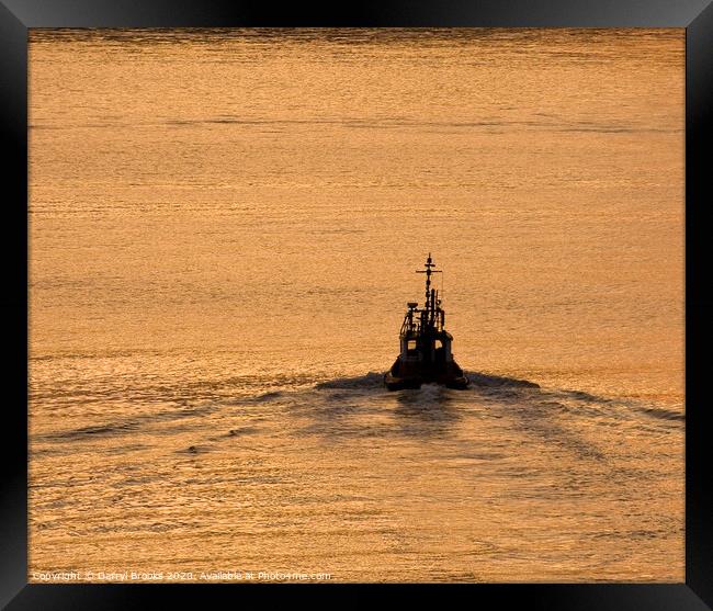 Tugboat Into Sunrise Framed Print by Darryl Brooks