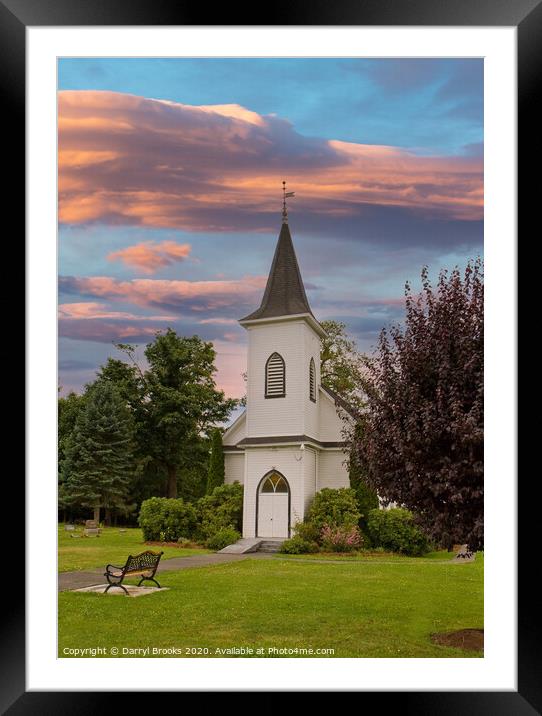 Church and Bench at Dusk Framed Mounted Print by Darryl Brooks