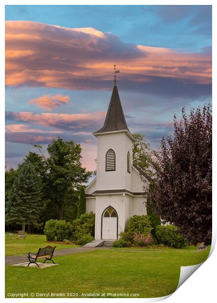 Church and Bench at Dusk Print by Darryl Brooks